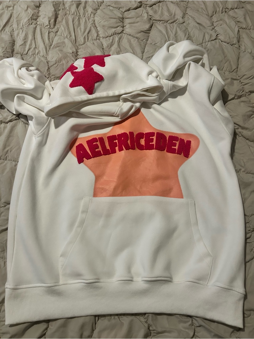 Aelfric Eden White Hoodie with Coral Star and Hot Pink Accents